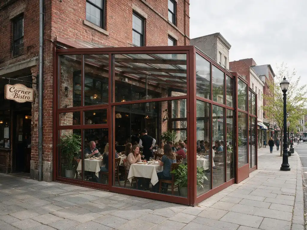 Lean-to retractable sunroom for restaurant patio beside building wall