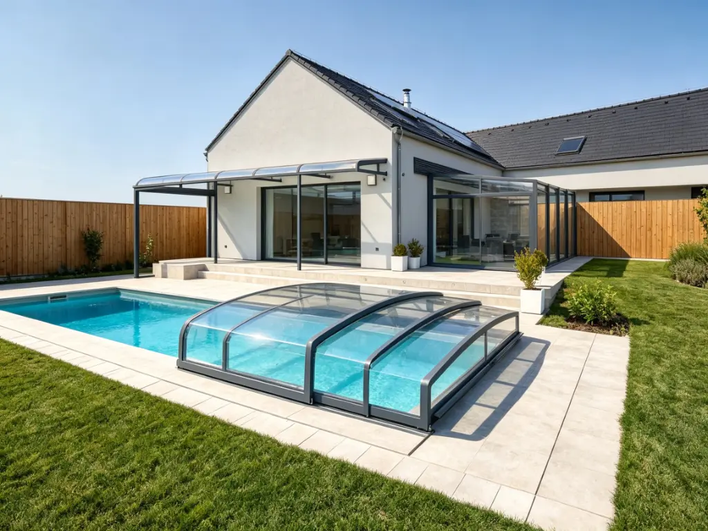  Low residential pool enclosure for a backyard pool
