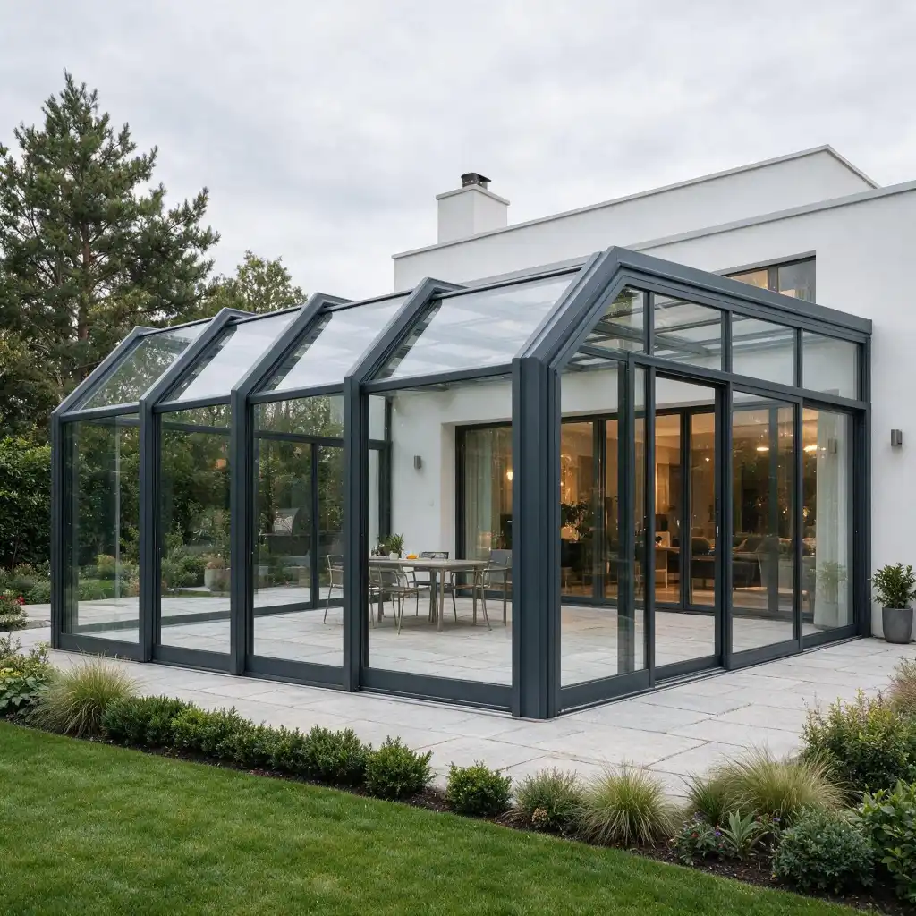 Modern home retractable patio enclosure with aluminum frame and glass panels