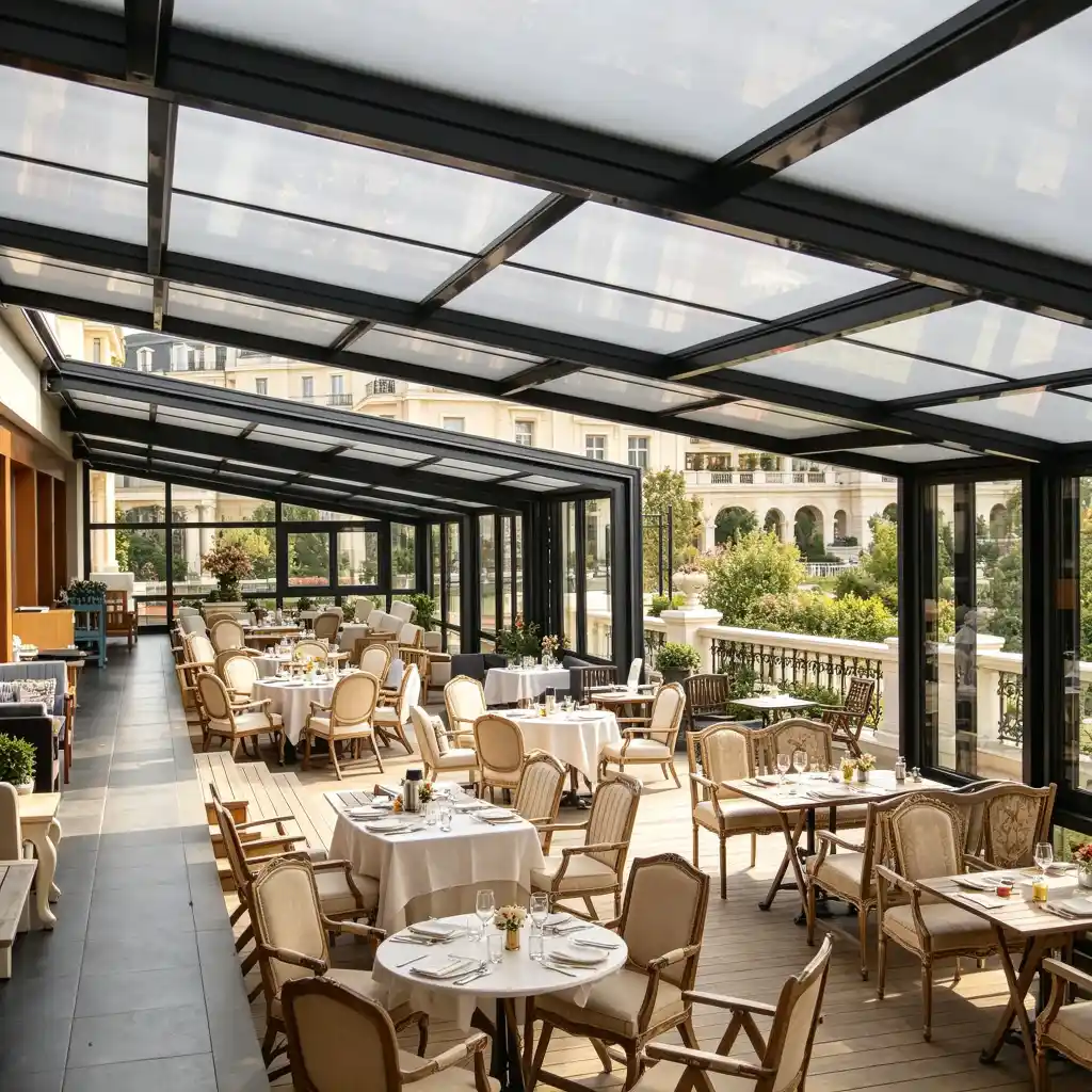 Retractable patio enclosure for mountain view restaurant terrace