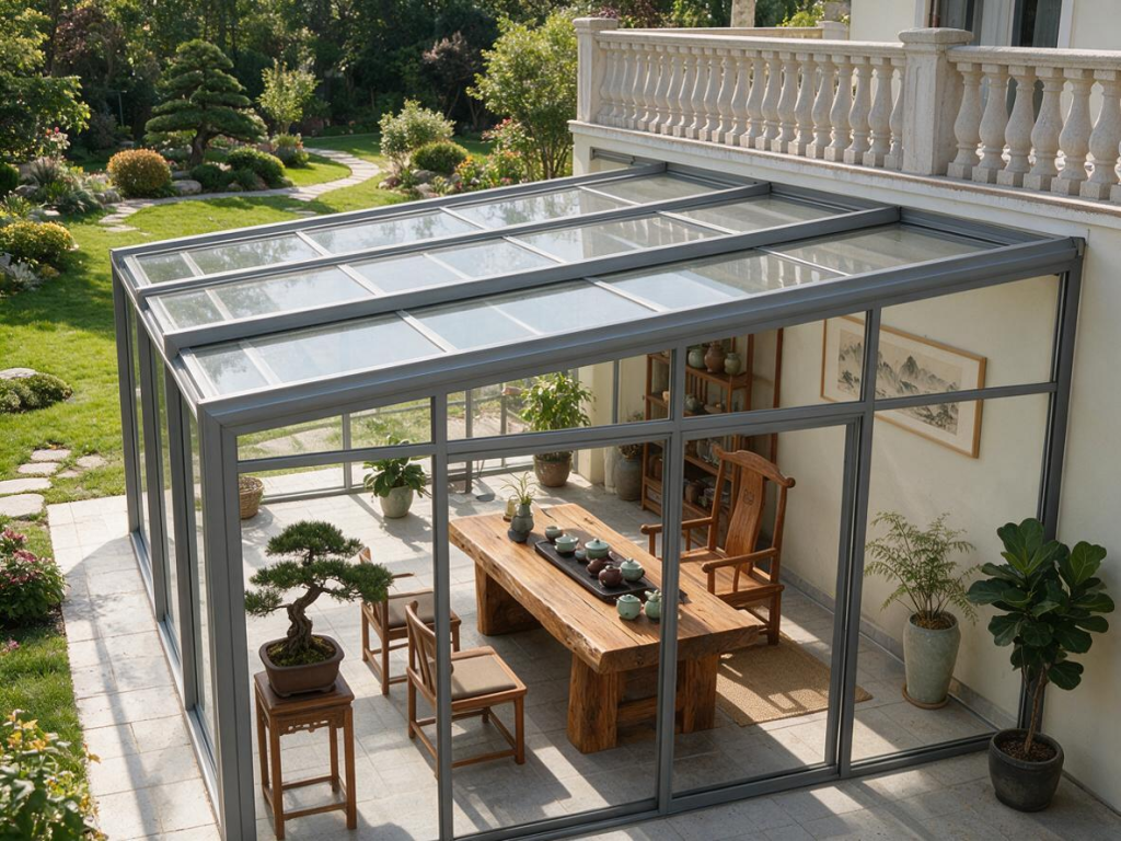 Patio retractable sunroom system for outdoor living space