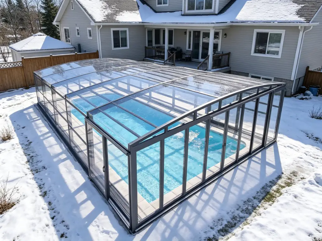 Pool enclosure for cold climates and winter swimming pool protection