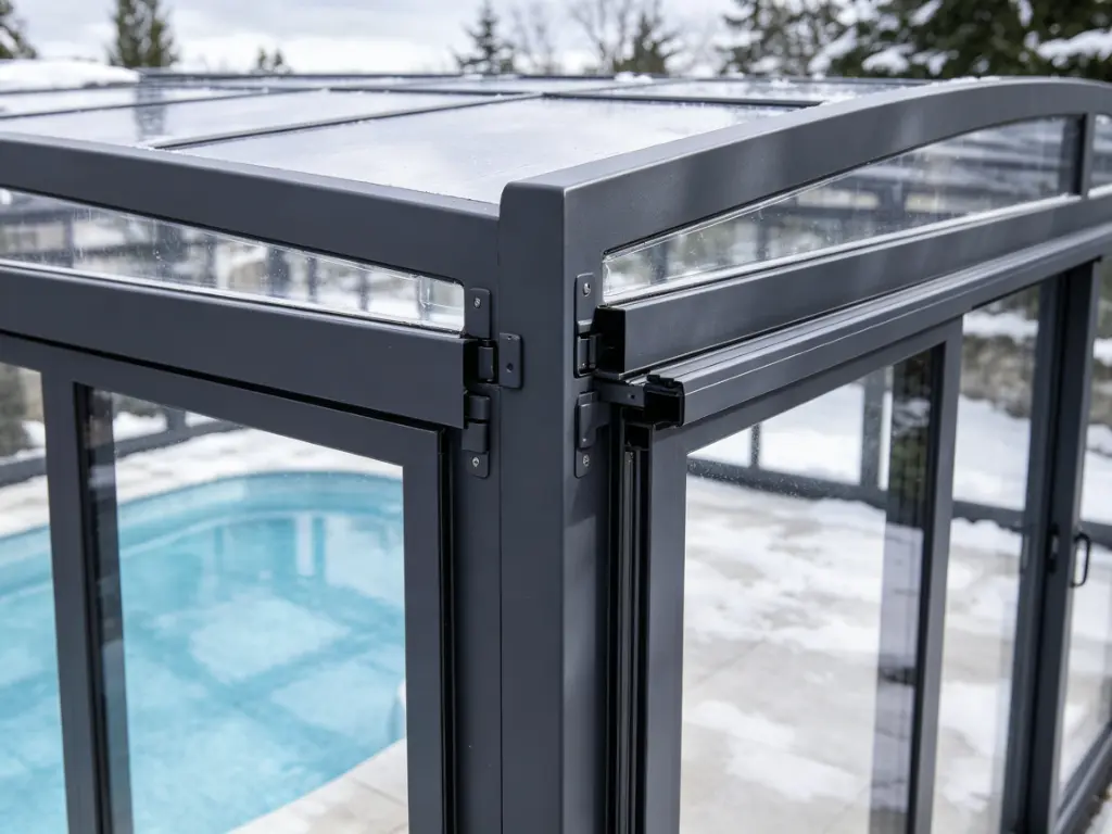 Pool enclosure snow load aluminum frame and roof panel design