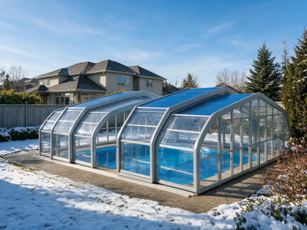 Residential pool enclosure in a snowy backyard