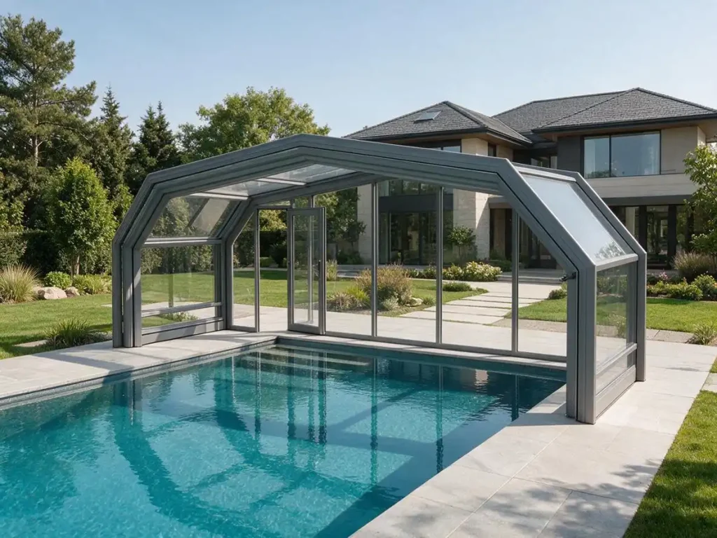 Pool retractable sunroom enclosure for year-round swimming area