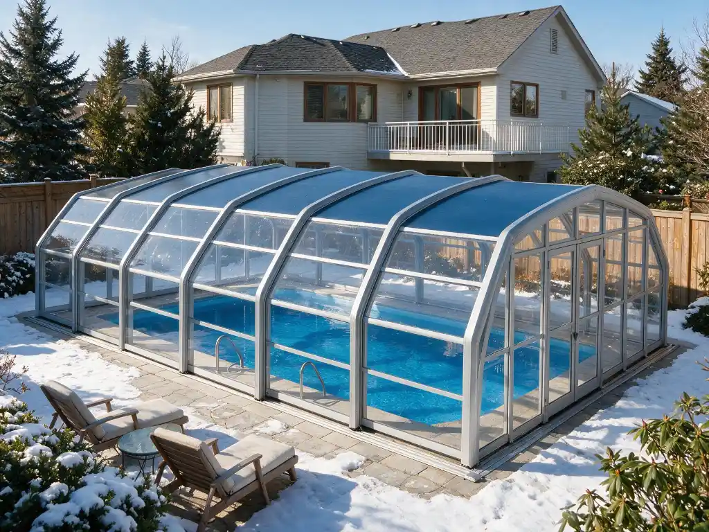 Pool enclosures for winters with snow protecting a backyard swimming pool