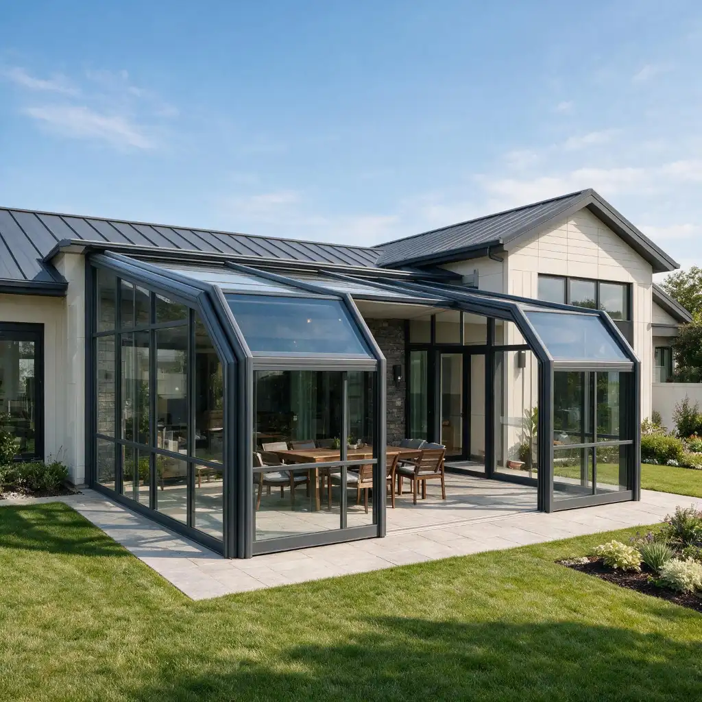 Residential retractable patio enclosure for backyard outdoor living space