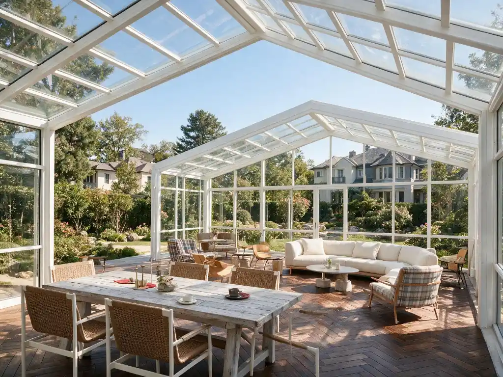Residential retractable sunroom with white aluminum frame and transparent glass roof for garden living space