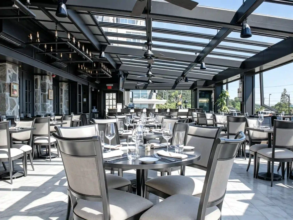 Restaurant commercial retractable roof system for patio dining area