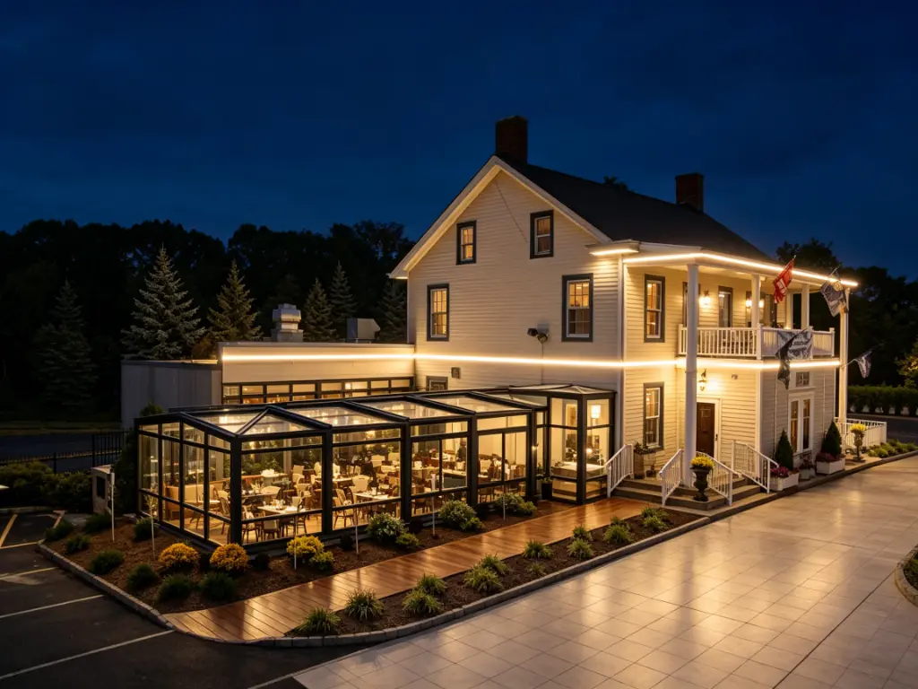 Restaurant patio enclosure with retractable roof for outdoor dining