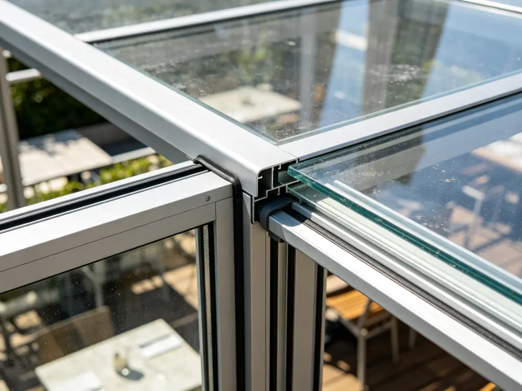 Restaurant patio enclosure track drainage and aluminum frame detail