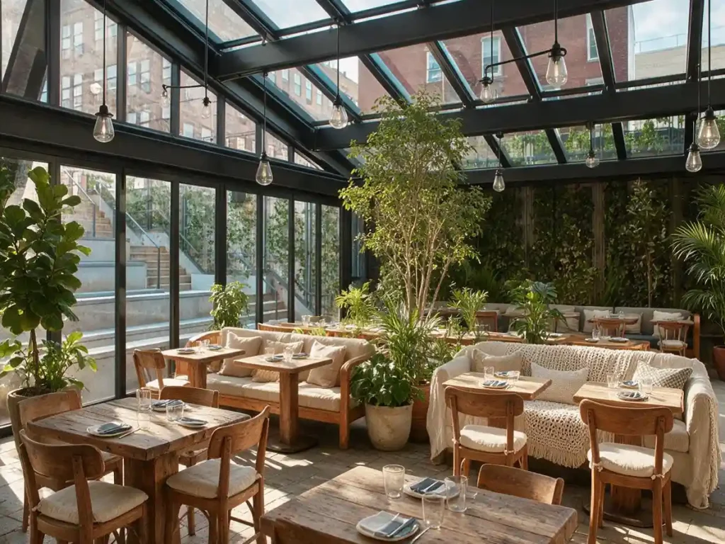 Restaurant retractable sunroom for weather-protected outdoor dining