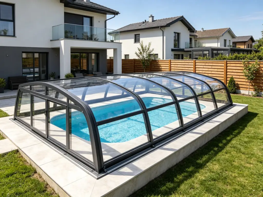 Retractable pool enclosures allow homeowners to close the pool during bad weather and open it again on sunny days.

