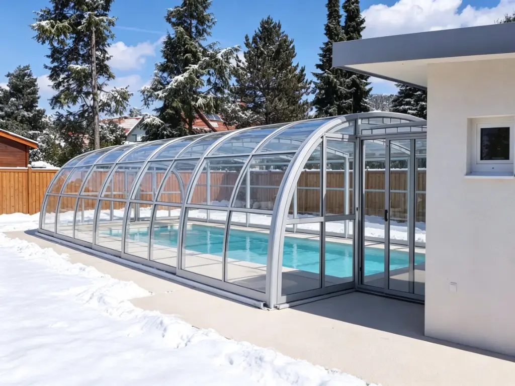 Retractable pool enclosure in a snowy residential yard for winter pool protection