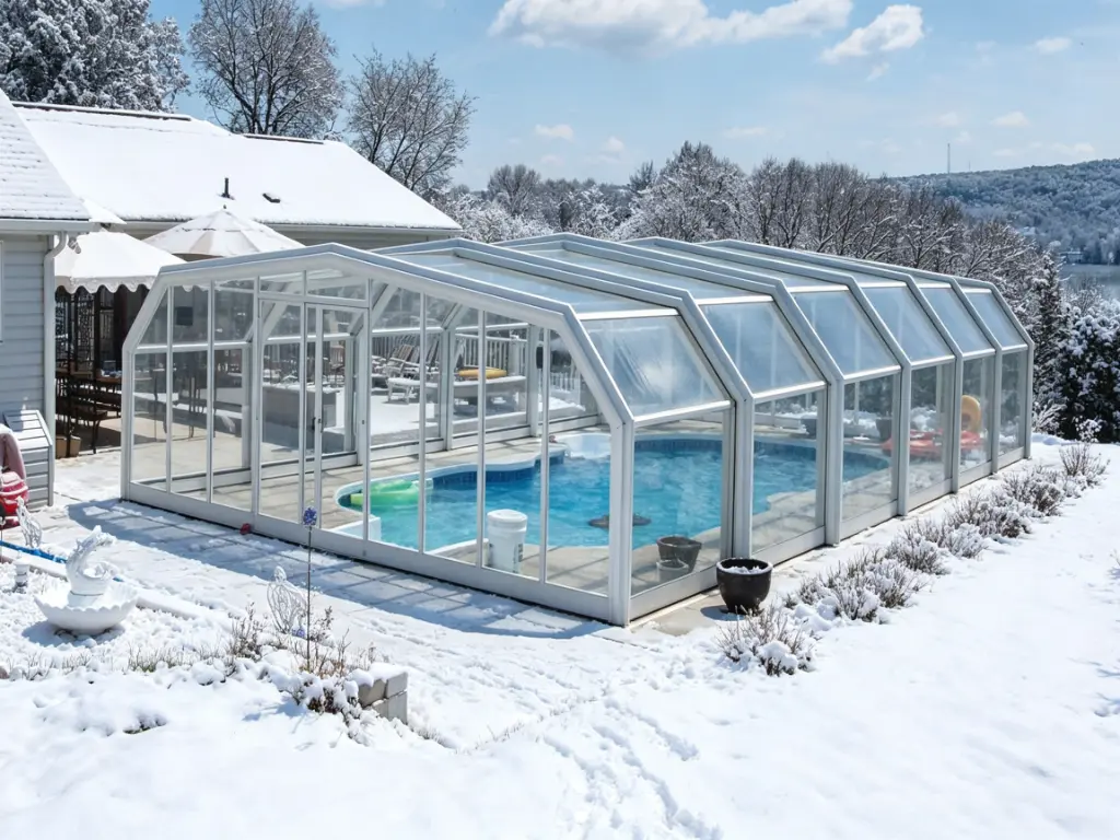 Retractable pool enclosures allow pools to stay protected in bad weather and open again when conditions improve.
