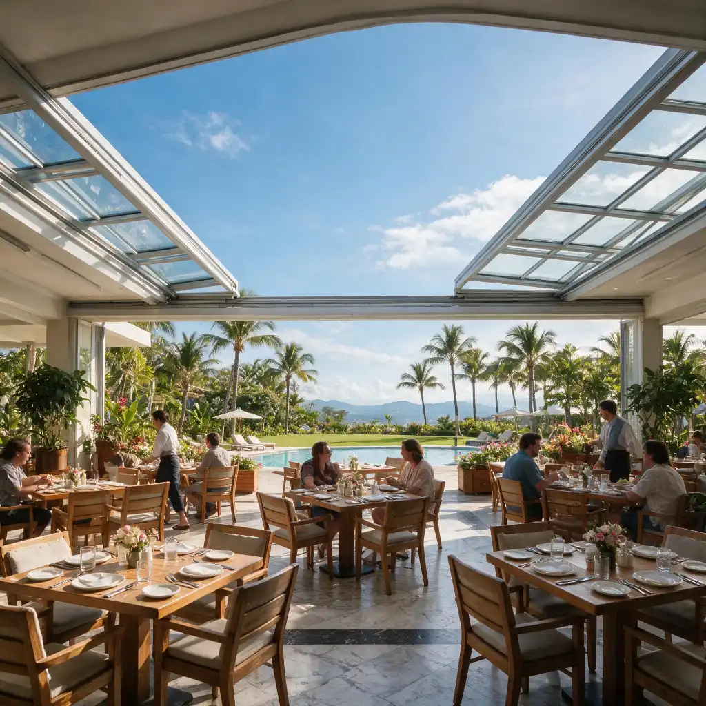 Rooftop retractable roof system for high-end hotel rooftop terraces