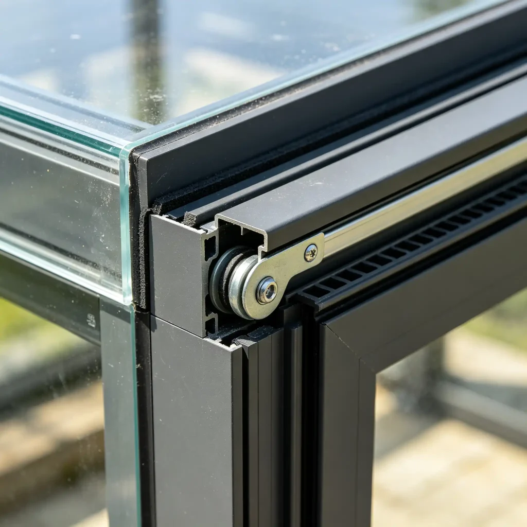 Retractable sunroom track and aluminum frame detail