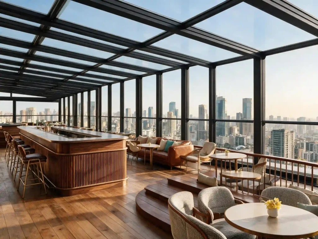 Rooftop bar motorized retractable roof system for commercial venue