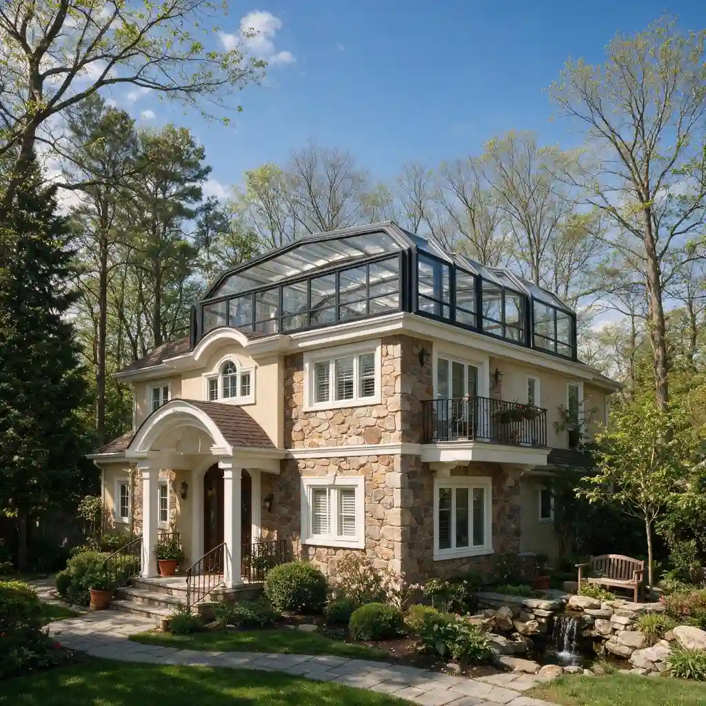 Villa rooftop retractable glass sunroom system with black aluminum frame and transparent roof panels