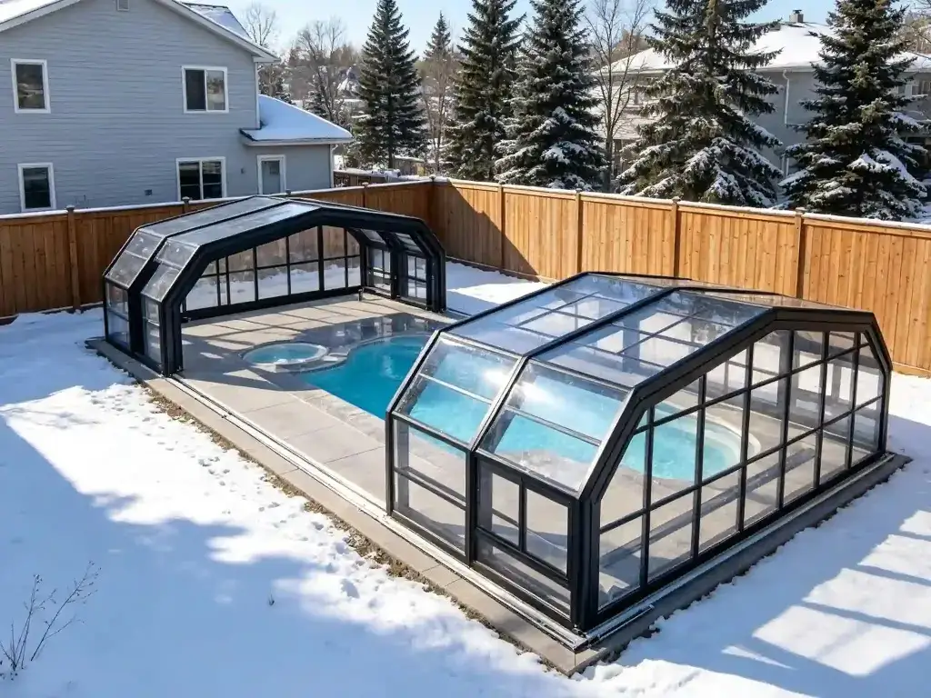 Black framed pool enclosures in a snowy residential backyard for winter pool use