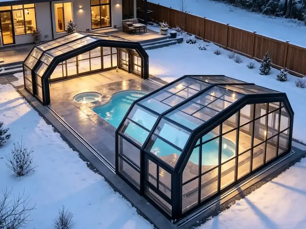 Pool enclosures with warm lighting in a snowy winter evening backyard