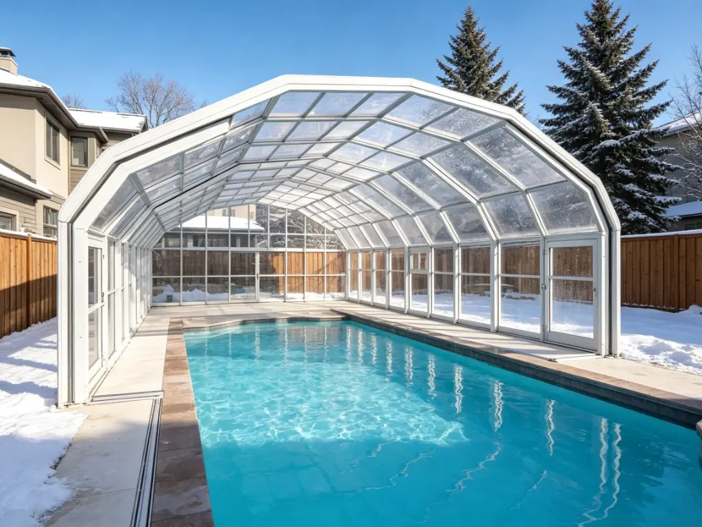 Winter pool enclosure for cold climate swimming pools
