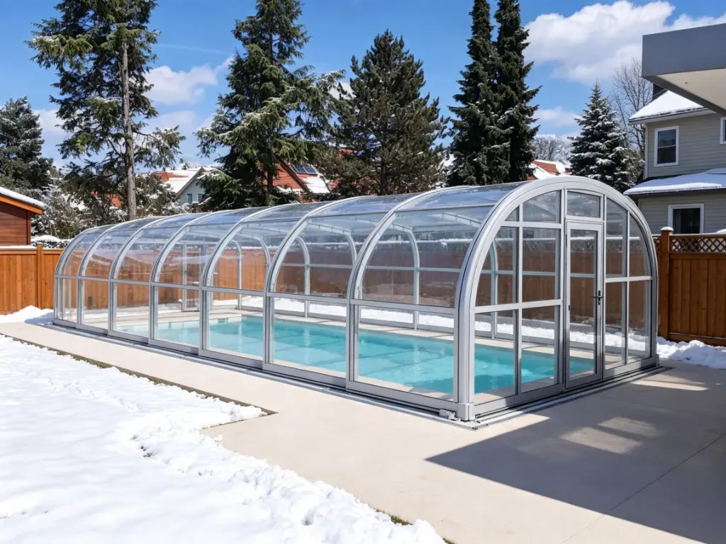 Winter pool enclosure beside a northern residential home with snow around the pool deck