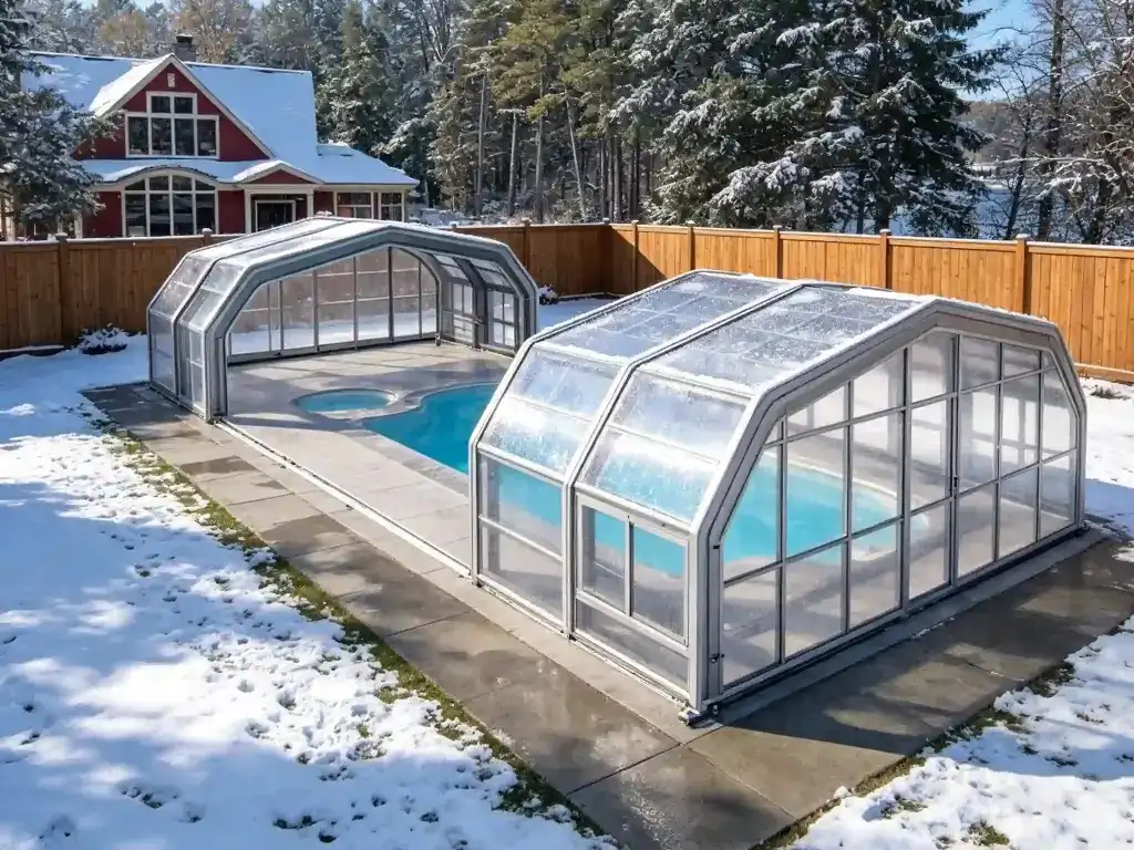 Pool enclosures in a snowy residential yard for cold climate swimming pool protection