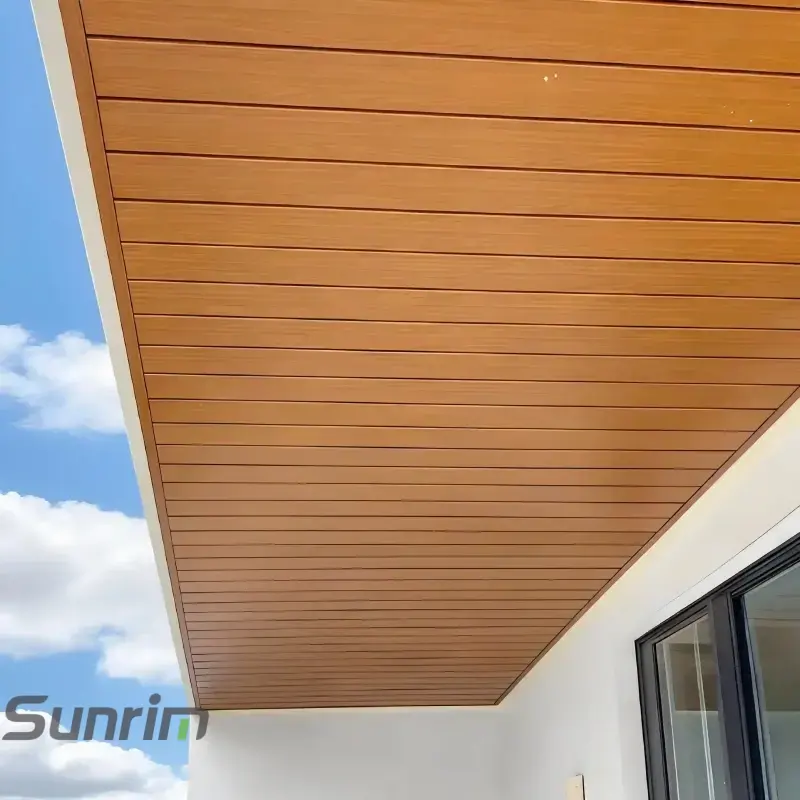 All-aluminum awning underside with interlocking ceiling panels