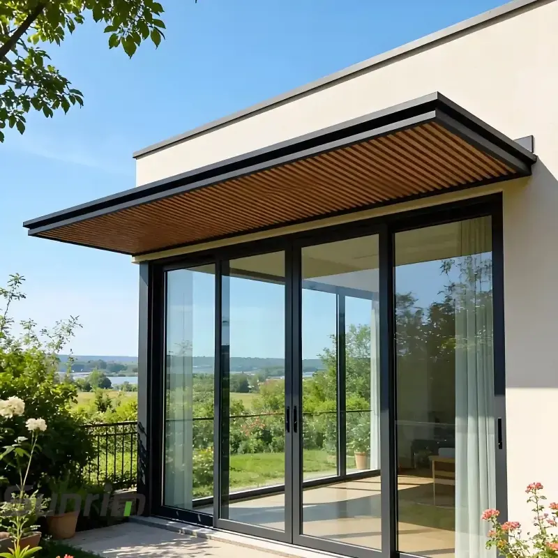 Large aluminum patio canopy with wood grain ceiling for glass wall entrance