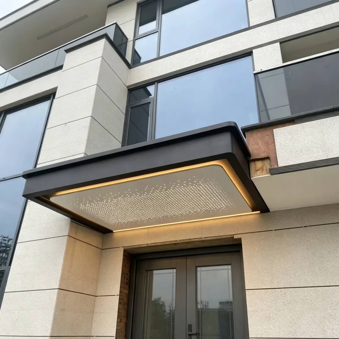 Fiber optic starry sky ceiling under aluminum door awning