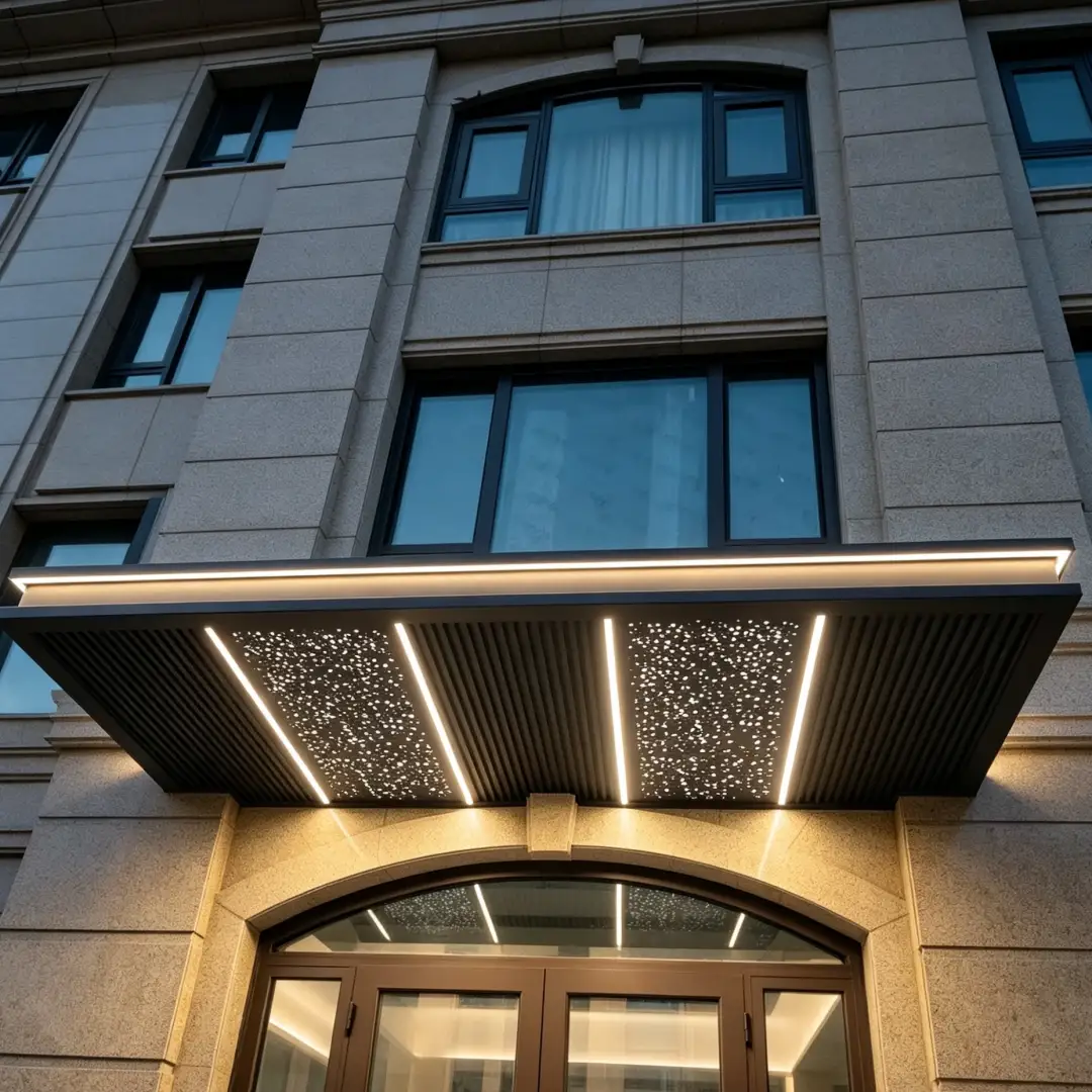 Aluminum solid panel awning for residential entrance