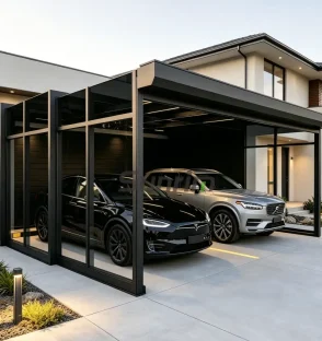 Modern retractable double carport for villa driveway with flexible parking and weather protection