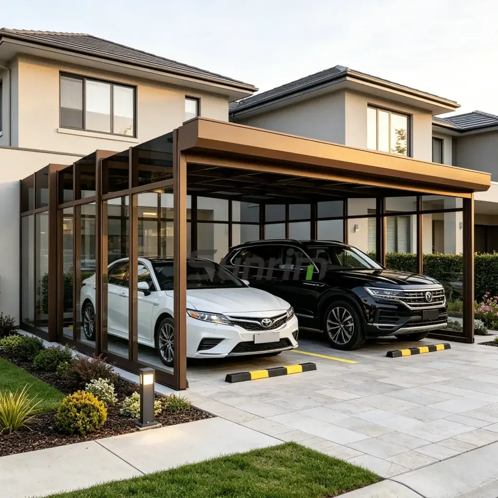 Retractable double carport available in metallic grey sand coffee and enamel white finishes