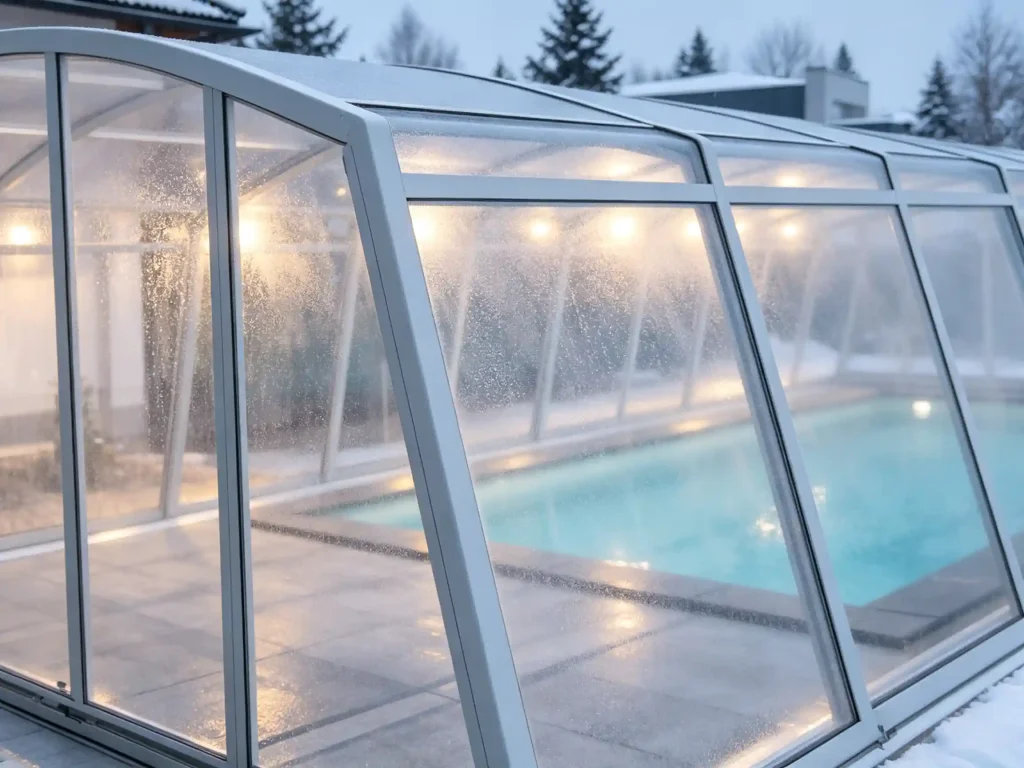 Condensation on pool sunroom glass panels in cold climate
