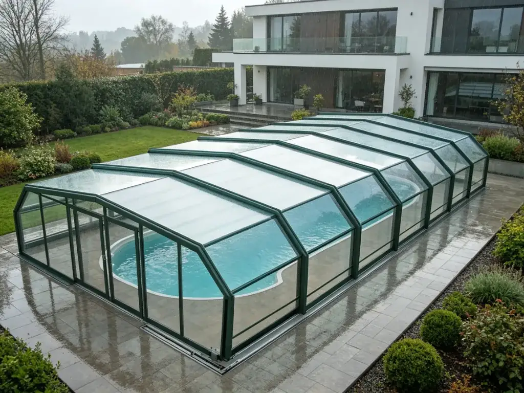 Covered pool with retractable roof for rainy weather protection