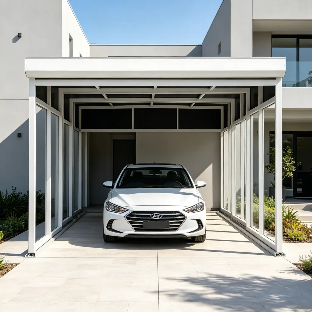 Enamel white retractable single carport garage kit front view for modern home driveway vehicle shelter