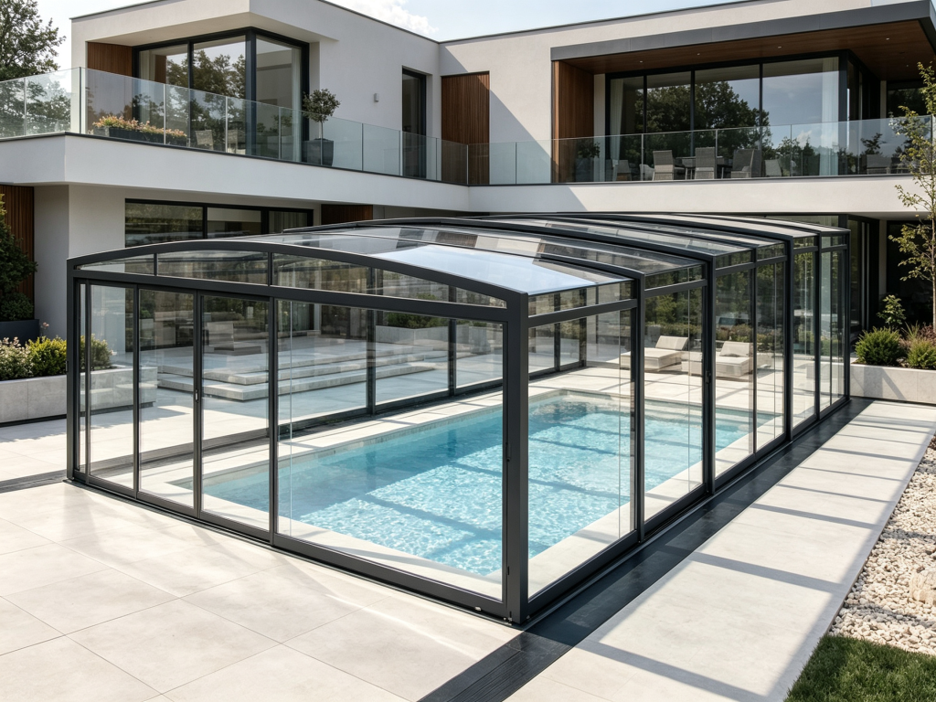 Glass pool enclosure for modern home backyard