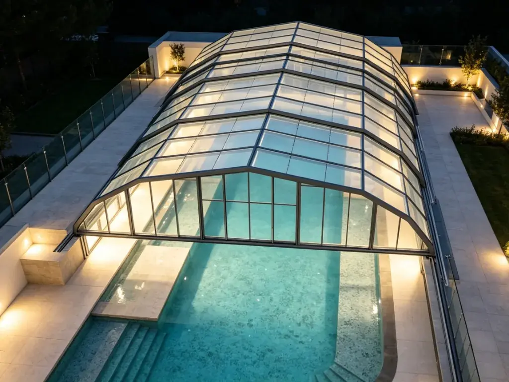 Glass retractable roof for luxury swimming pool enclosure