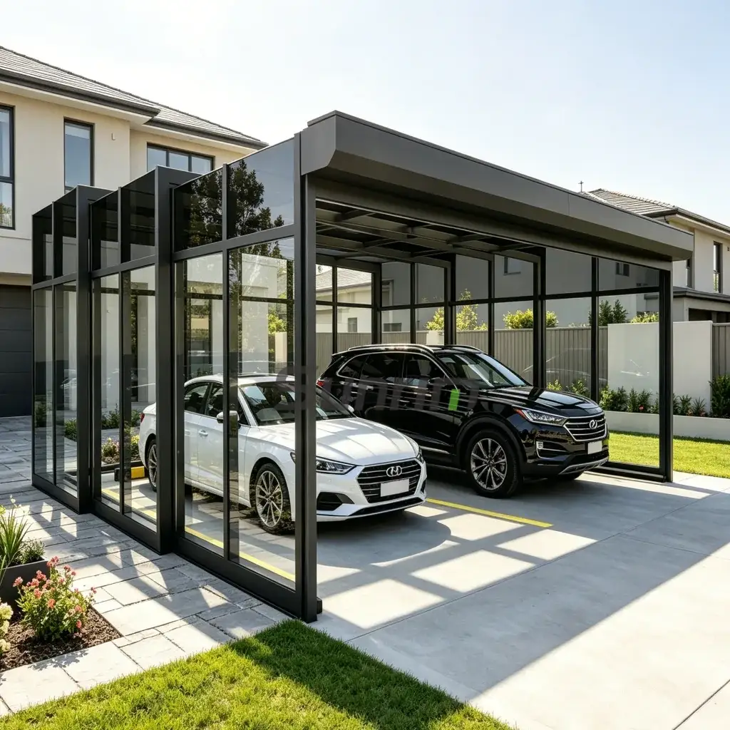Modern aluminum double carport with all-weather protection for two vehicles