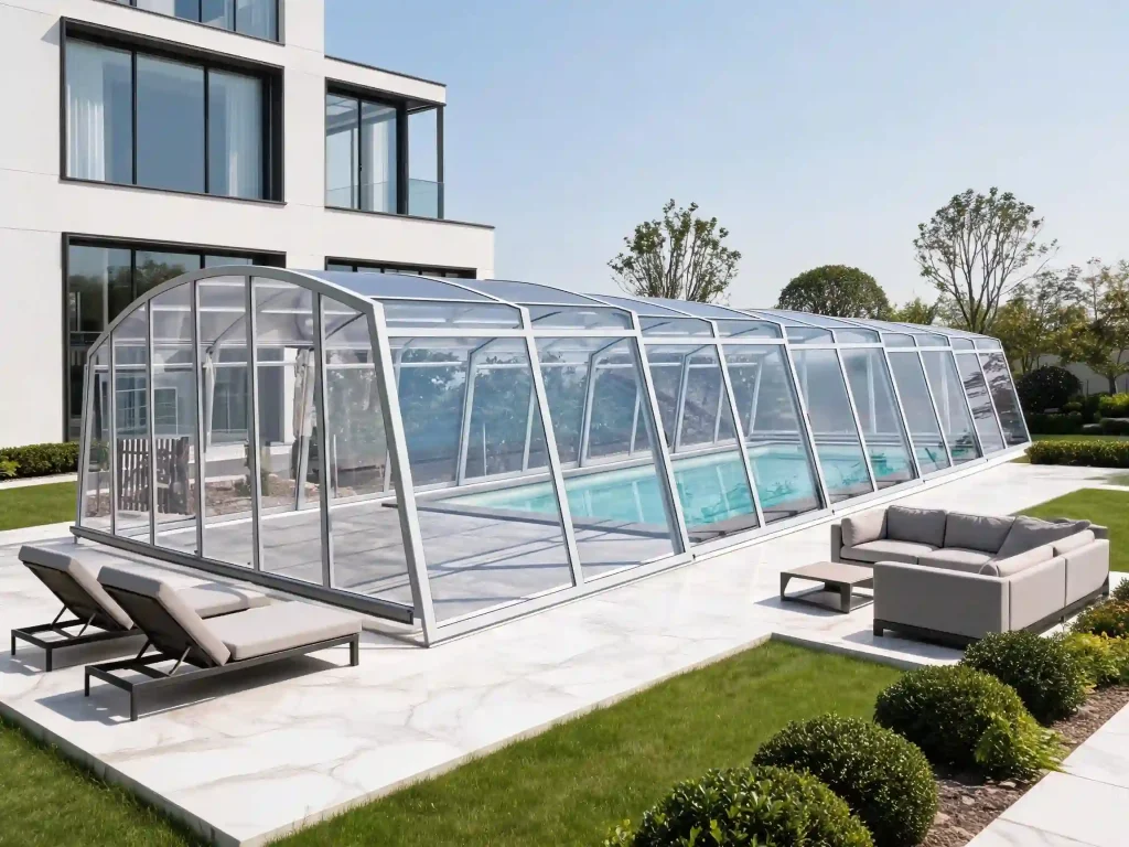 High pool enclosure for home swimming pool comfort