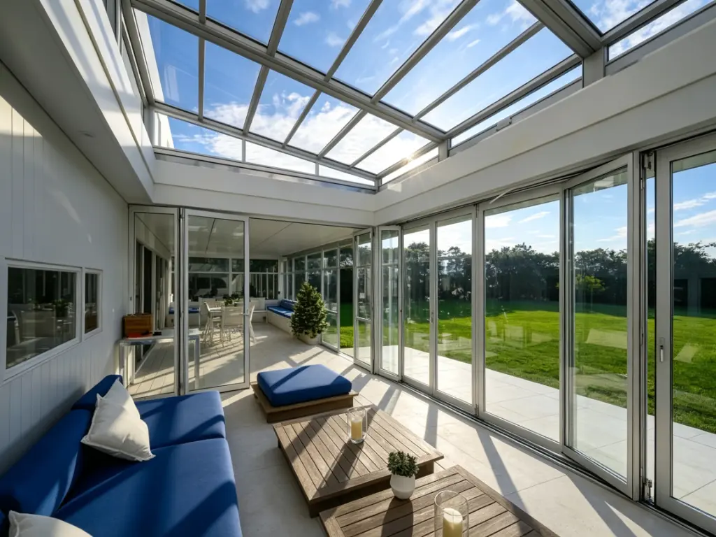 Hotel courtyard with retractable glass patio enclosure