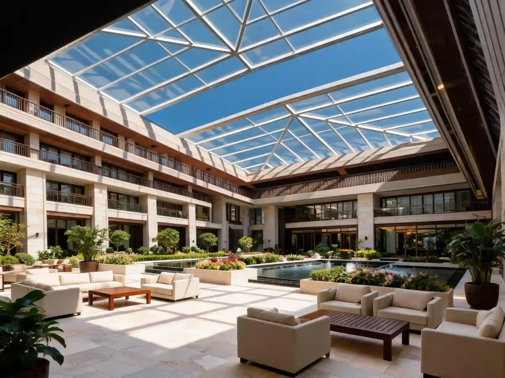 Hotel courtyard retractable roof system for guest outdoor space