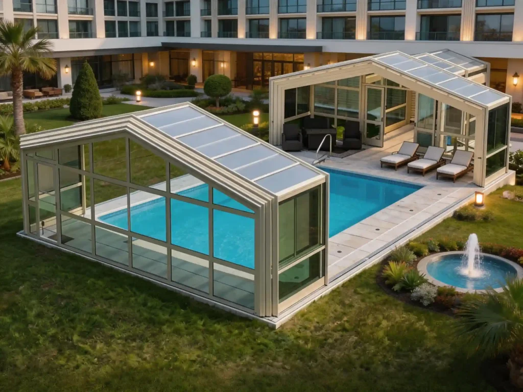 Hotel pool sunroom enclosure for commercial swimming area