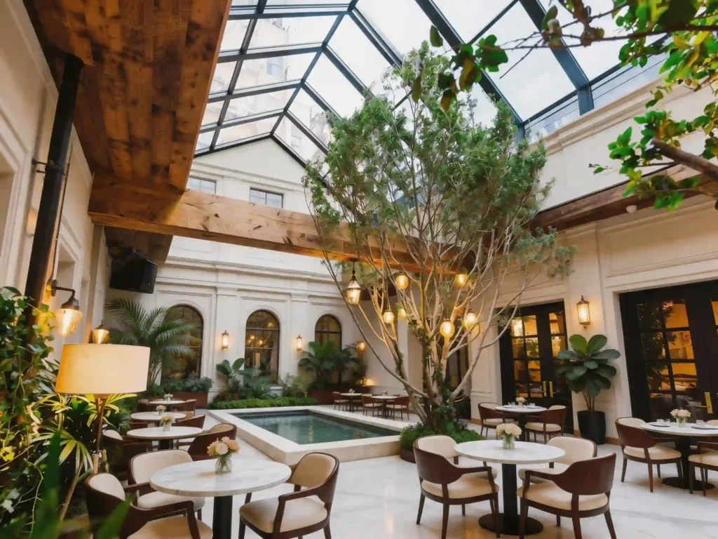 Hotel restaurant courtyard with retractable roof system