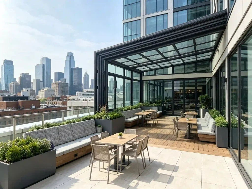Hotel rooftop terrace cover with retractable roof system