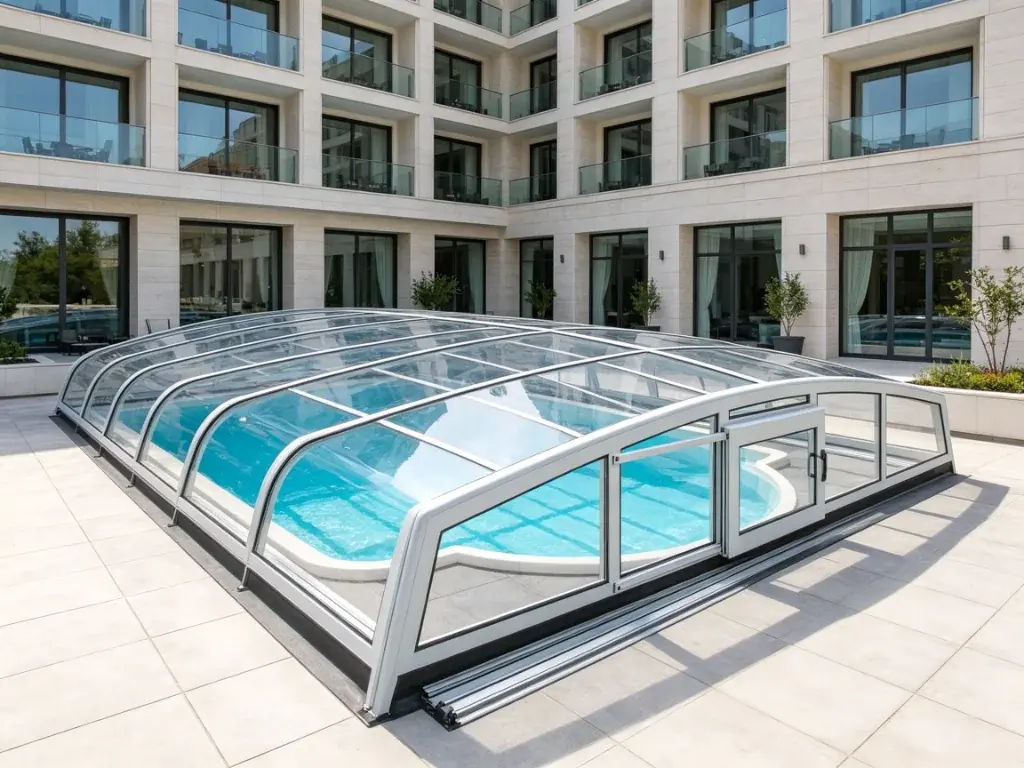  Hotel swimming pool with retractable roof enclosure for guest comfort
