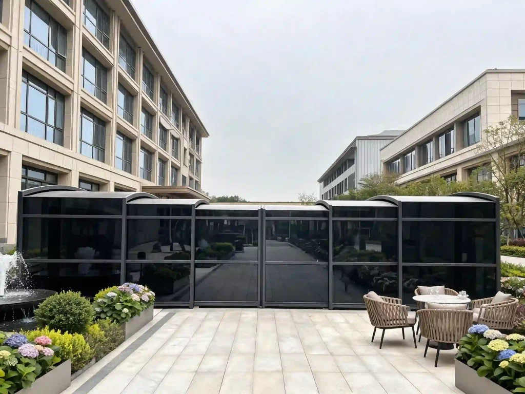 Hotel walkway cover connecting outdoor guest areas