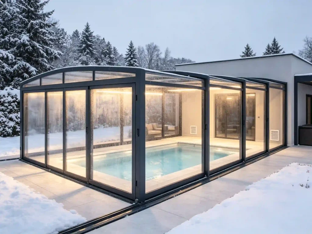 Indoor pool enclosure humidity control with ventilation and dehumidification