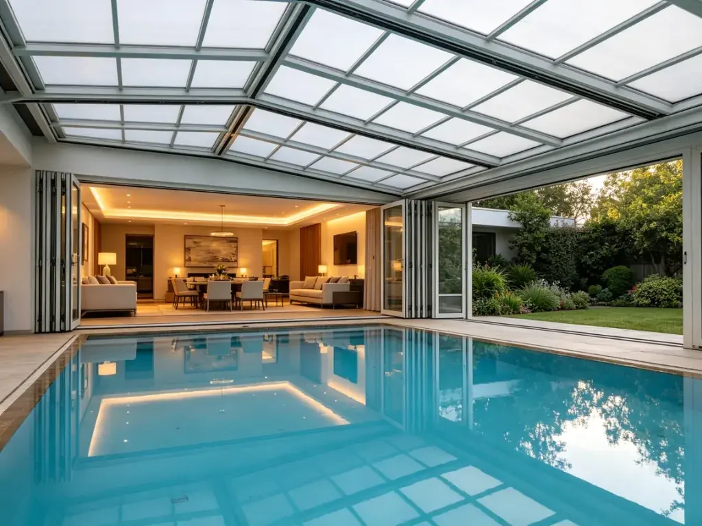 Indoor pool with retractable roof for open-air swimming experience